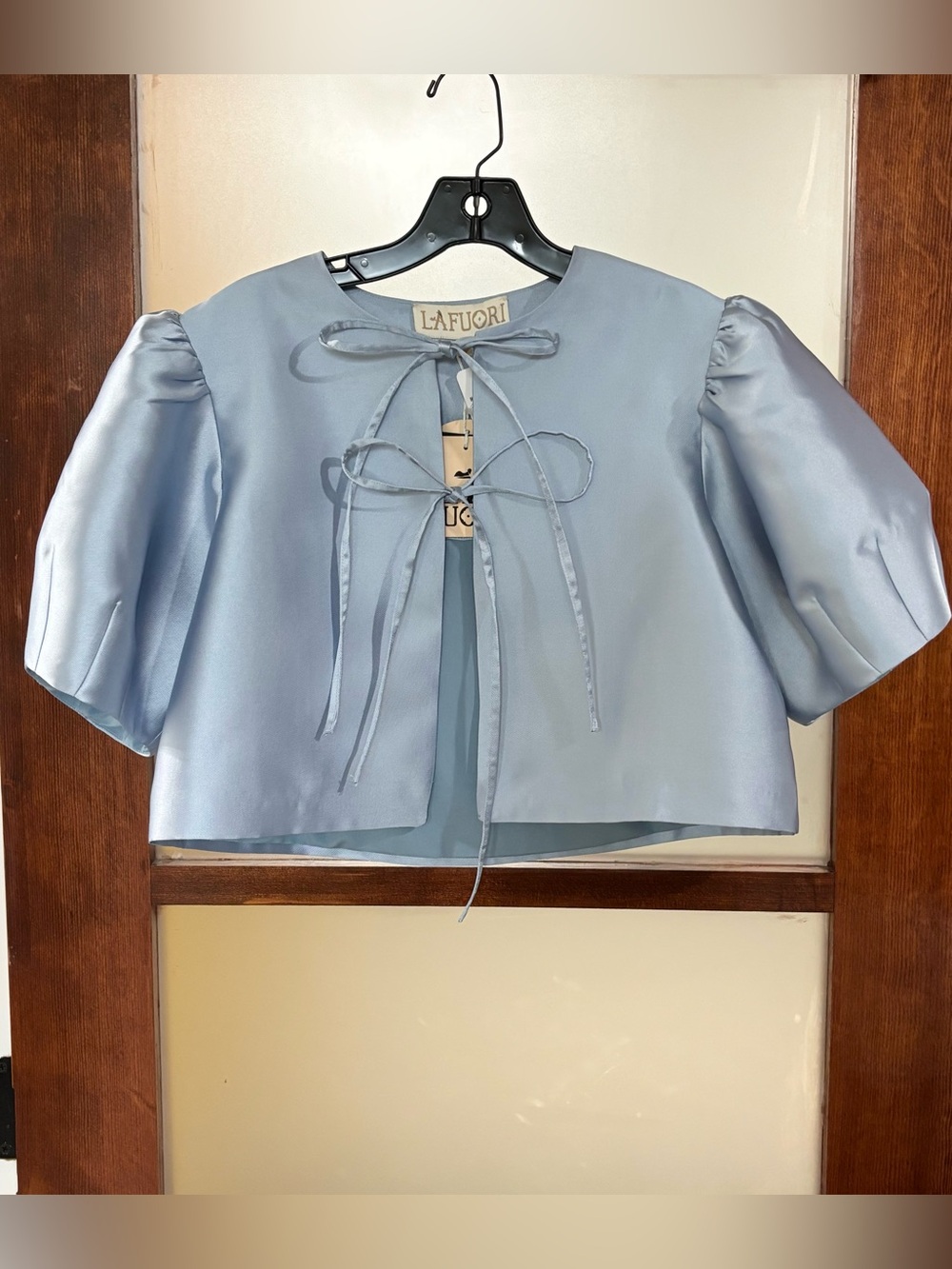 LaFuori Sky Blue Satin Puff Sleeve Tie-Front Top